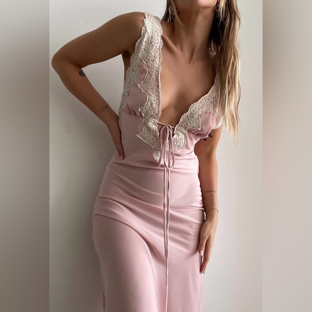 Rumored Pink Venice Maxi Dress with Lace Trim